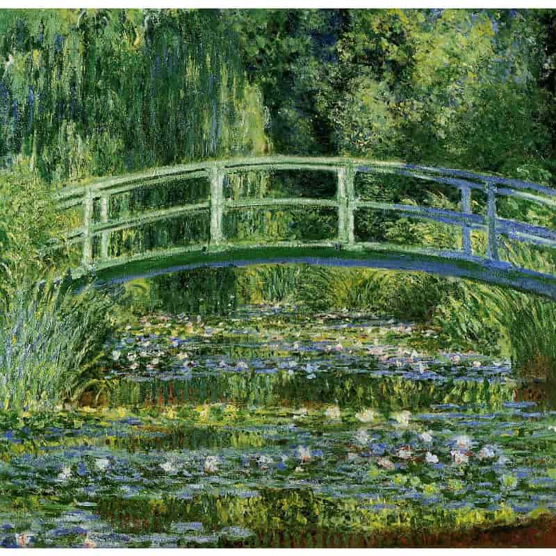 Painting of a bridge over water lilies with greenery