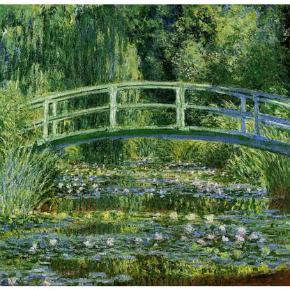 Painting of a bridge over water lilies with greenery