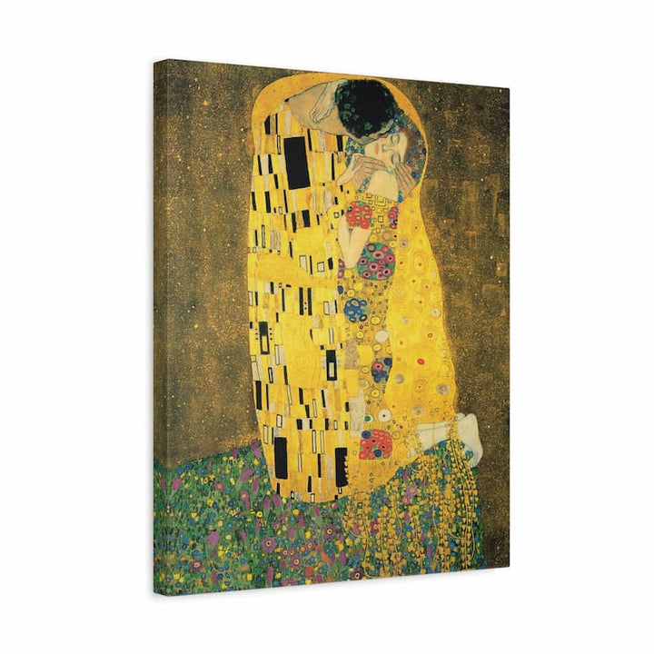 The Kiss by Gustav Klimt paint by numbers kit showing the iconic gold-leaf embrace of two figures in an ornate patterned composition on HD linen canvas in a wooden frame