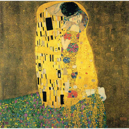 Artistic depiction of a couple embracing, with a focus on intricate patterns and colors.