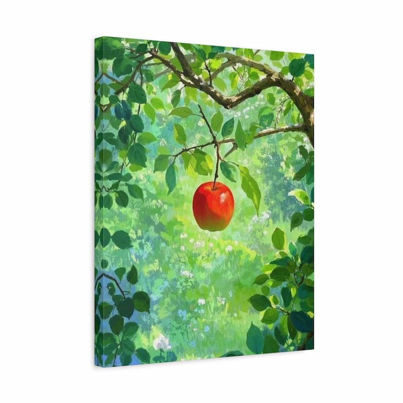 A square canvas wall art print depicting a bright red apple hanging from a leafy green tree branch in a sunlit garden, shown at a slight angle against a white background.