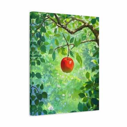 A square canvas wall art print depicting a bright red apple hanging from a leafy green tree branch in a sunlit garden, shown at a slight angle against a white background.