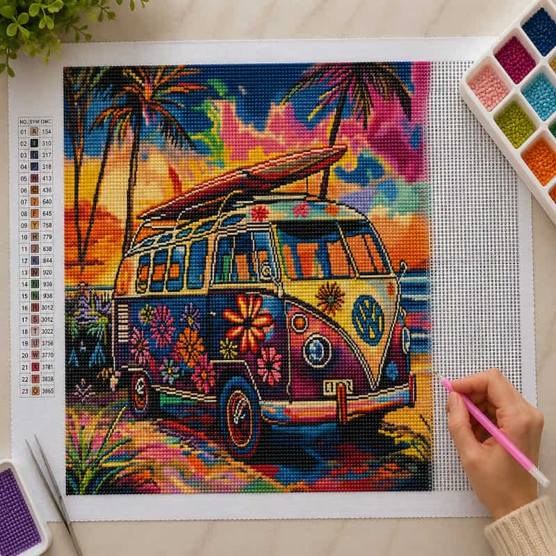 Colorful diamond painting of a van with palm trees and flowers on a grid paper.