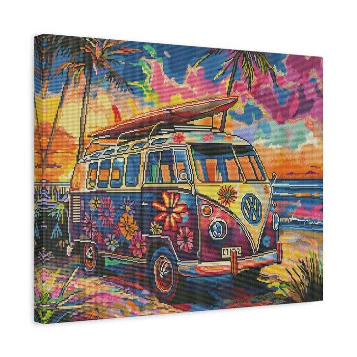 The Long Way Home 5D diamond painting kit showing a colourful vintage camper van parked on a tropical beach at sunset with palm trees and a nostalgic travel atmosphere