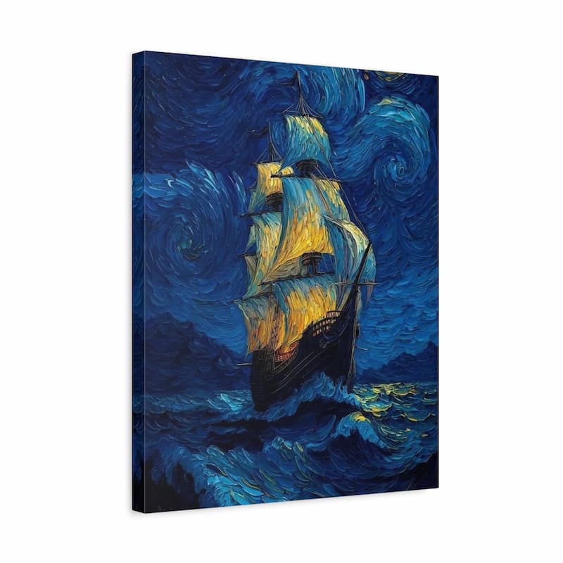A square gallery-wrapped canvas print featuring a stylized painting of a sailing ship on swirling deep blue seas and sky, shown at a slight angle against a plain white background.