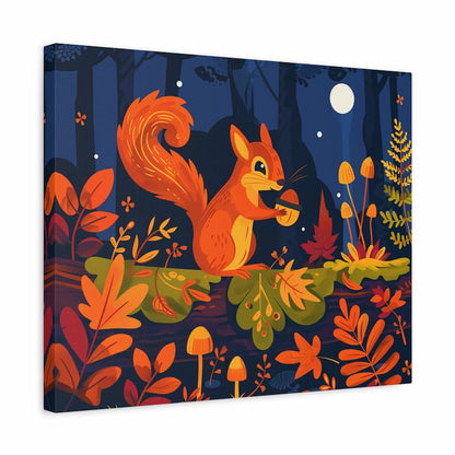 Canvas print with a red squirrel in a forest setting at night.