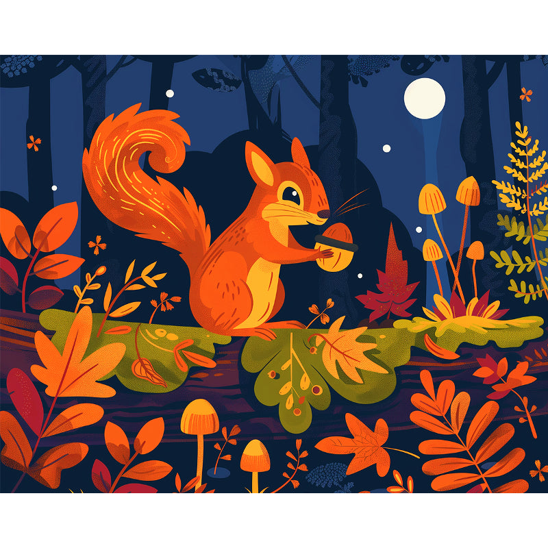 Illustration of a squirrel in a forest with autumn leaves and mushrooms.