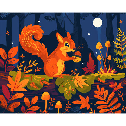 Illustration of a squirrel in a forest with autumn leaves and mushrooms.