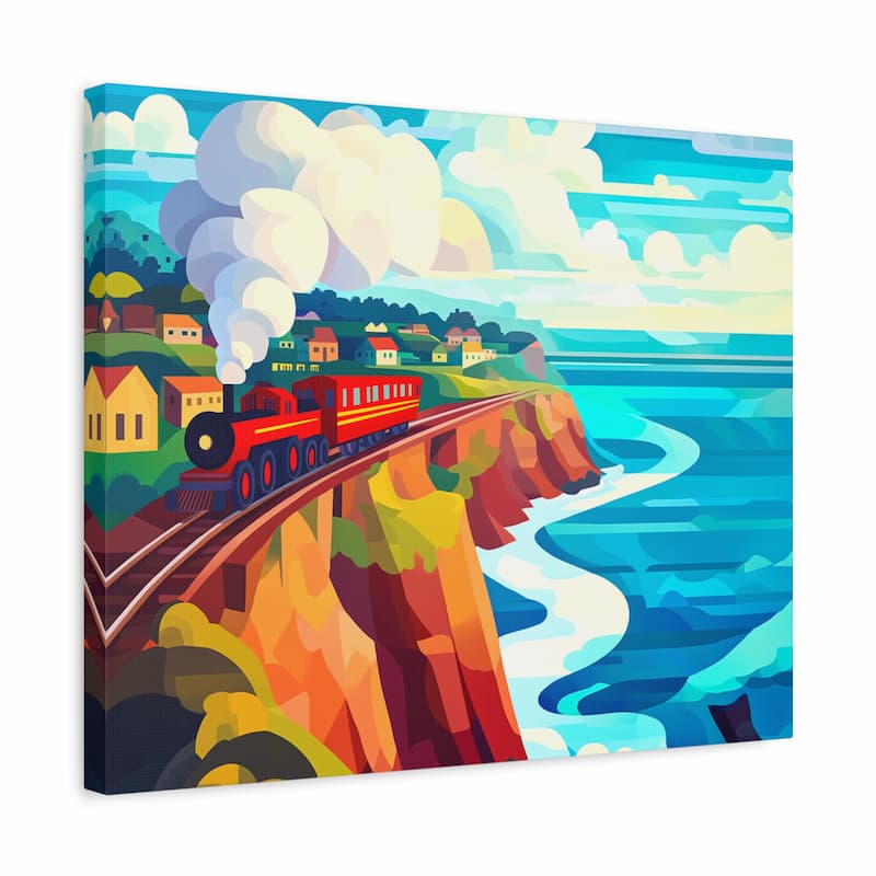 Colorful painting of a train on a cliffside with ocean view