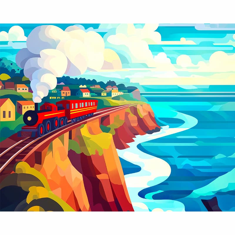 Colorful illustration of a train on a cliff overlooking the ocean with houses below.