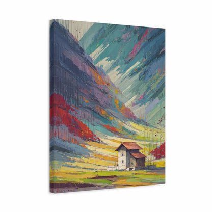 A square canvas wall art print featuring an abstract mountain landscape painting with a small house, shown at a slight angle against a plain white background.