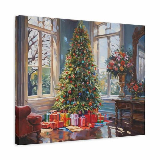 Decorative painting of a Christmas scene with a tree and presents in a room with large windows.