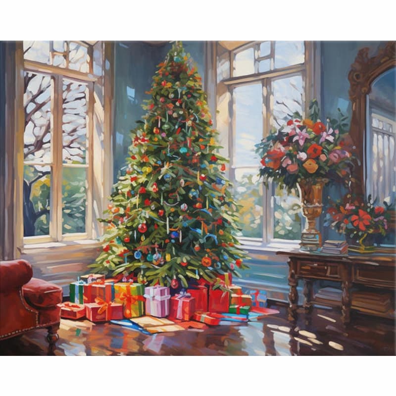 Decorated Christmas tree with presents in a room with large windows and a flower arrangement.