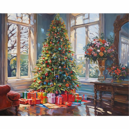 Decorated Christmas tree with presents in a room with large windows and a flower arrangement.