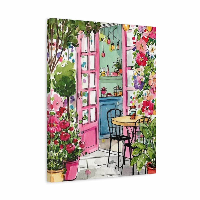 A square canvas wall art print depicting a colorful watercolor-style garden cafe scene with pink doors, flowers, greenery, and a small table and chair, shown against a plain white background.