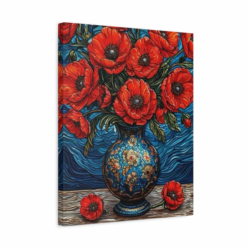 A square canvas wall art print featuring a vibrant still life of red poppies in a blue patterned vase, shown at an angle against a plain white background.