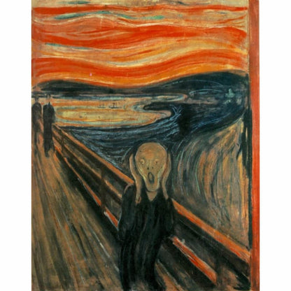 Famous artwork 'The Scream' by Edvard Munch with a person screaming on a bridge.