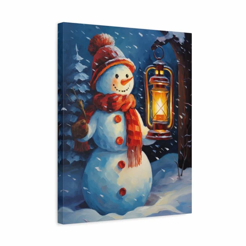 Canvas print of a snowman holding a lantern against a snowy background