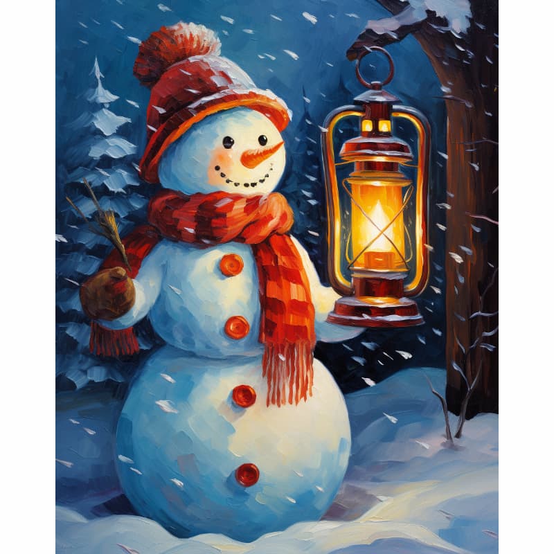 Snowman holding a lantern in a snowy landscape
