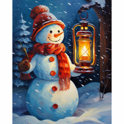 Snowman holding a lantern in a snowy landscape