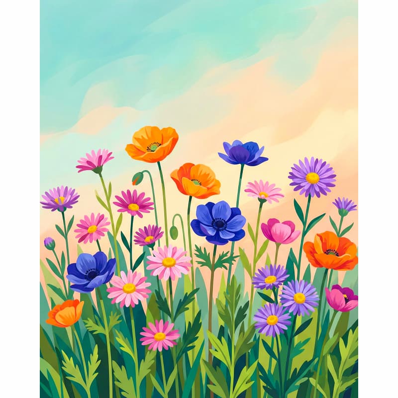 Colorful illustration of flowers with a gradient sky background