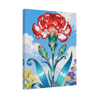 A square canvas wall art print featuring a stylized red and white carnation flower with blue-green leaves against a bright blue sky with white clouds, shown at a slight angle on a white background.