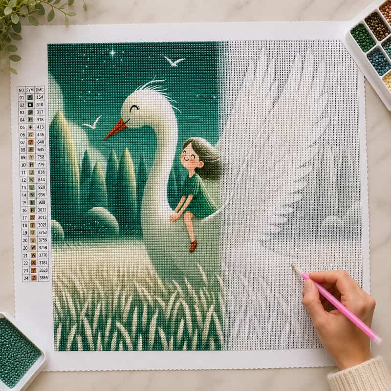 Diamond painting kit with a completed design of a girl sitting on a swan