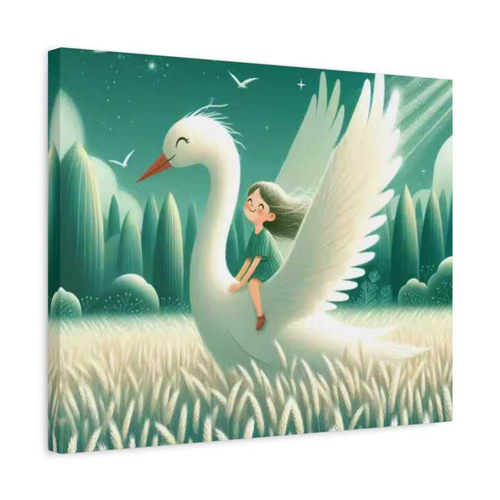 Kit de diamond painting 5D Le Voyage du Cygne montrant une jeune fille chevauchant un cygne blanc géant à travers une prairie fleurie de rêve aux tons éthérés doux