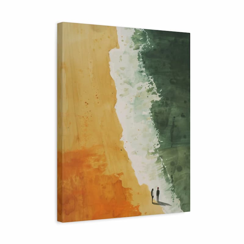 A vertical canvas wall art print featuring an abstract beach scene with warm tan, orange, and green watercolor textures, white surf, and two small human silhouettes near the bottom right.
