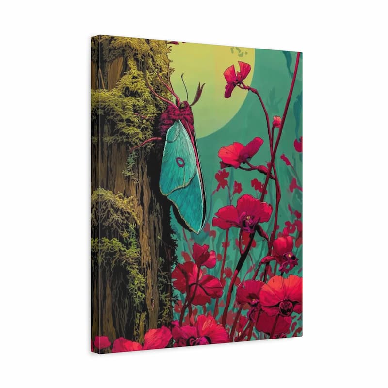 A square canvas wall art print featuring a surreal illustration of a large turquoise moth on a mossy tree trunk beside bright red flowers against a pale yellow-green background, shown at a slight angle on a white backdrop.