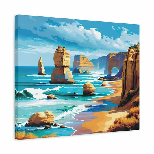 Limestone rock stacks rising from turquoise ocean with waves breaking on the shore - Paint by Numbers Kit shown in a frame