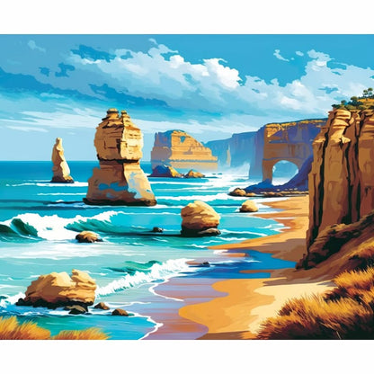 Limestone rock stacks rising from turquoise ocean with waves breaking on the shore - Paint by Numbers Kit