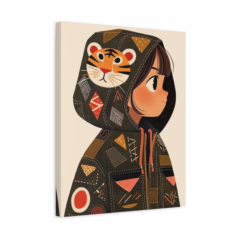 Illustration of a person wearing a hood with a tiger face design on a beige background
