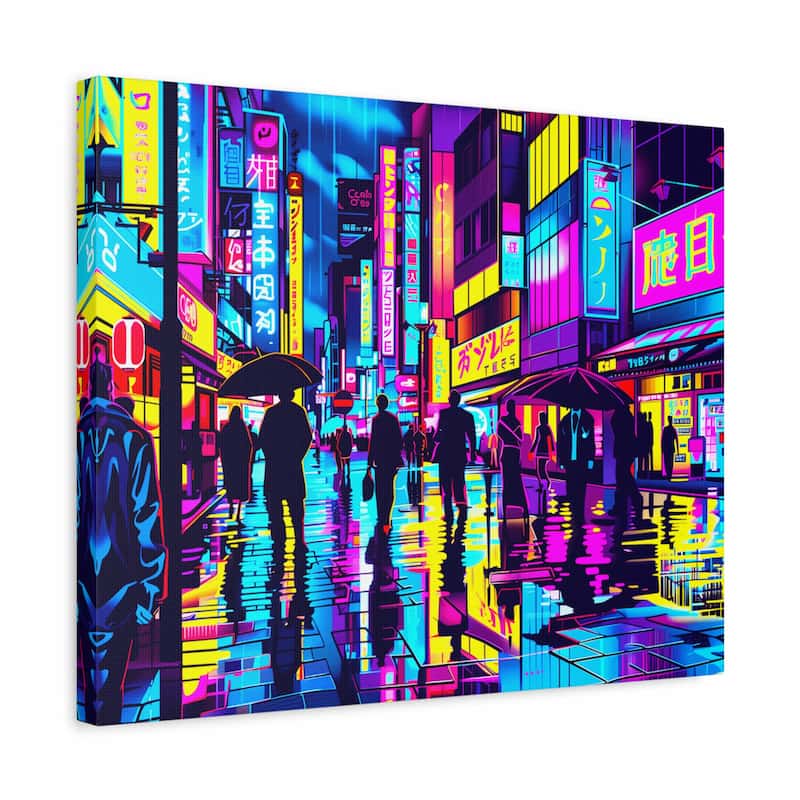 Neon-lit city street scene with people walking, reflecting on wet pavement.
