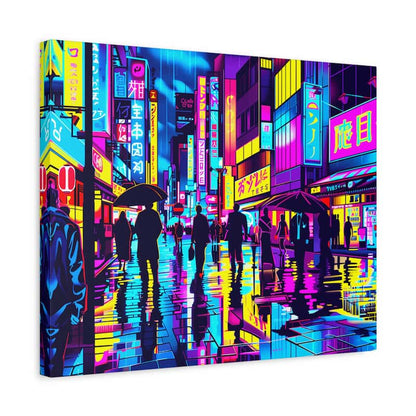 Neon-lit city street scene with people walking, reflecting on wet pavement.