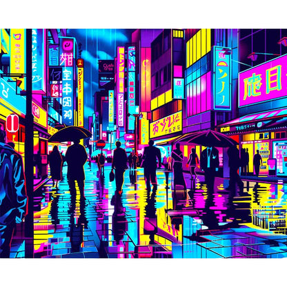 Neon-lit street scene with people walking under umbrellas in a futuristic city.