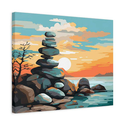 Canvas print of a sunset scene with stacked stones and a tree, on a white background.