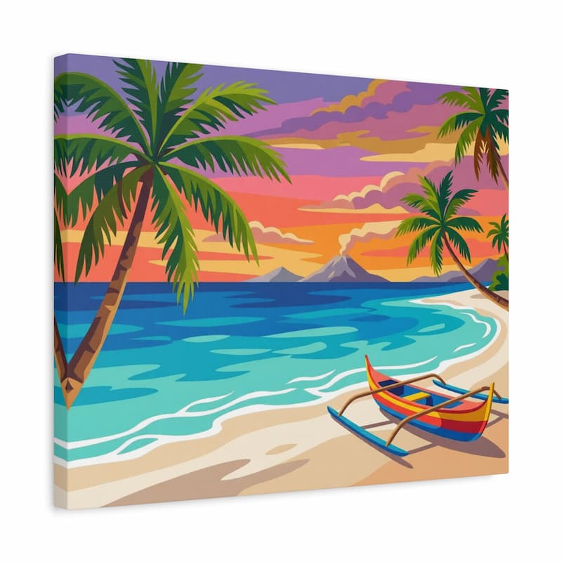 Canvas print of a tropical beach scene with palm trees, a colorful boat, and a sunset.