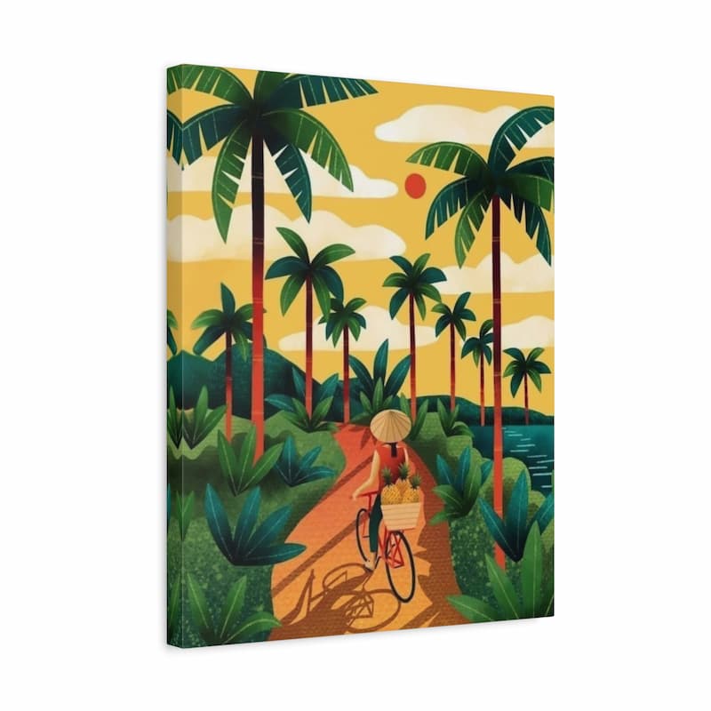 person riding a bicycle through a tropical path with palm trees at sunset, paint by numbers artwork