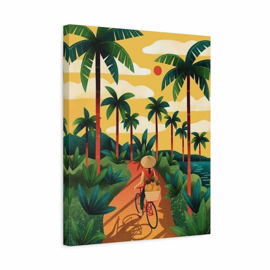 person riding a bicycle through a tropical path with palm trees at sunset, paint by numbers artwork