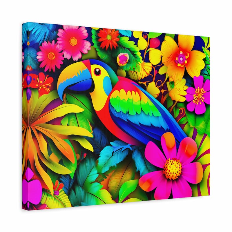 Colorful toucan painting with flowers and leaves on a white background