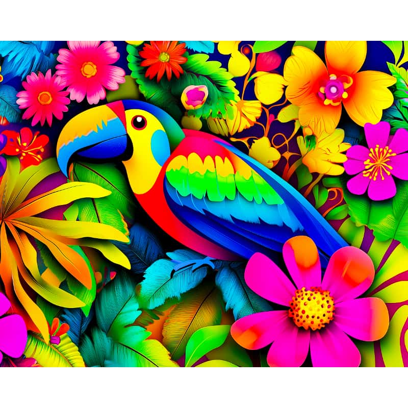 Colorful toucan surrounded by tropical flowers and leaves on a white background