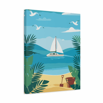 Tropical beach paint by numbers canvas featuring a sailboat on calm blue water, sandy shore with a bucket and shovel, palm leaves in the foreground, and seagulls flying in a clear sky