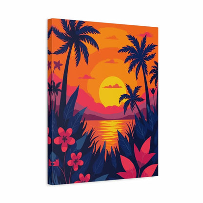 Tropical sunset paint by numbers canvas featuring palm trees, vibrant orange sky, glowing sun over water, and colorful flowers in the foreground