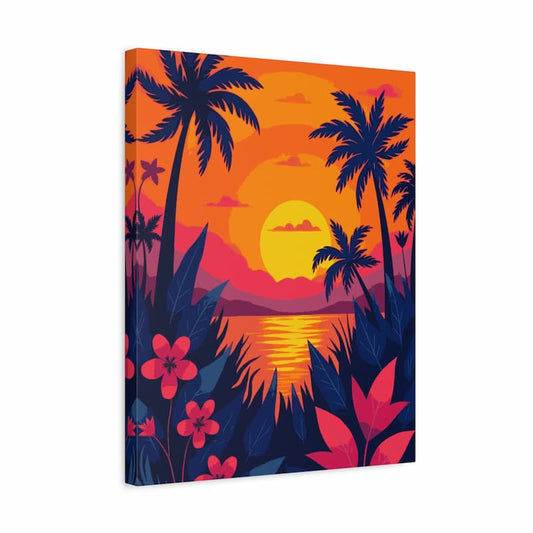 Tropical sunset paint by numbers canvas featuring palm trees, vibrant orange sky, glowing sun over water, and colorful flowers in the foreground