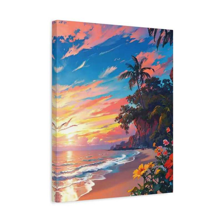 Kit de diamond painting 5D Rives au Coucher de Soleil Tropical montrant une scène de plage vibrante au coucher du soleil avec des palmiers, des vagues de l'océan et des fleurs tropicales aux couleurs chaudes et audacieuses