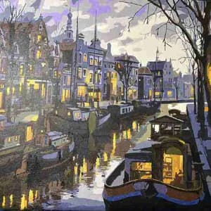 Painting of a canal scene with boats and buildings at night.