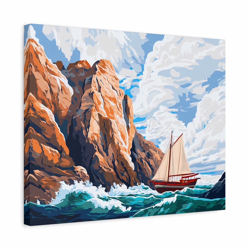Canvas print of a sailboat near rocky cliffs with a blue sky.