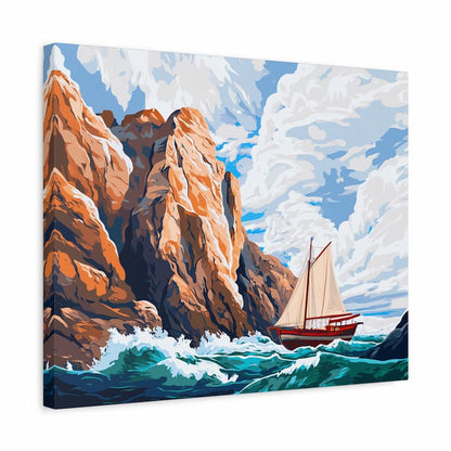 Canvas print of a sailboat near rocky cliffs with a blue sky.