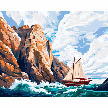 Sailboat navigating through rocky cliffs and choppy waters under a blue sky with white clouds.